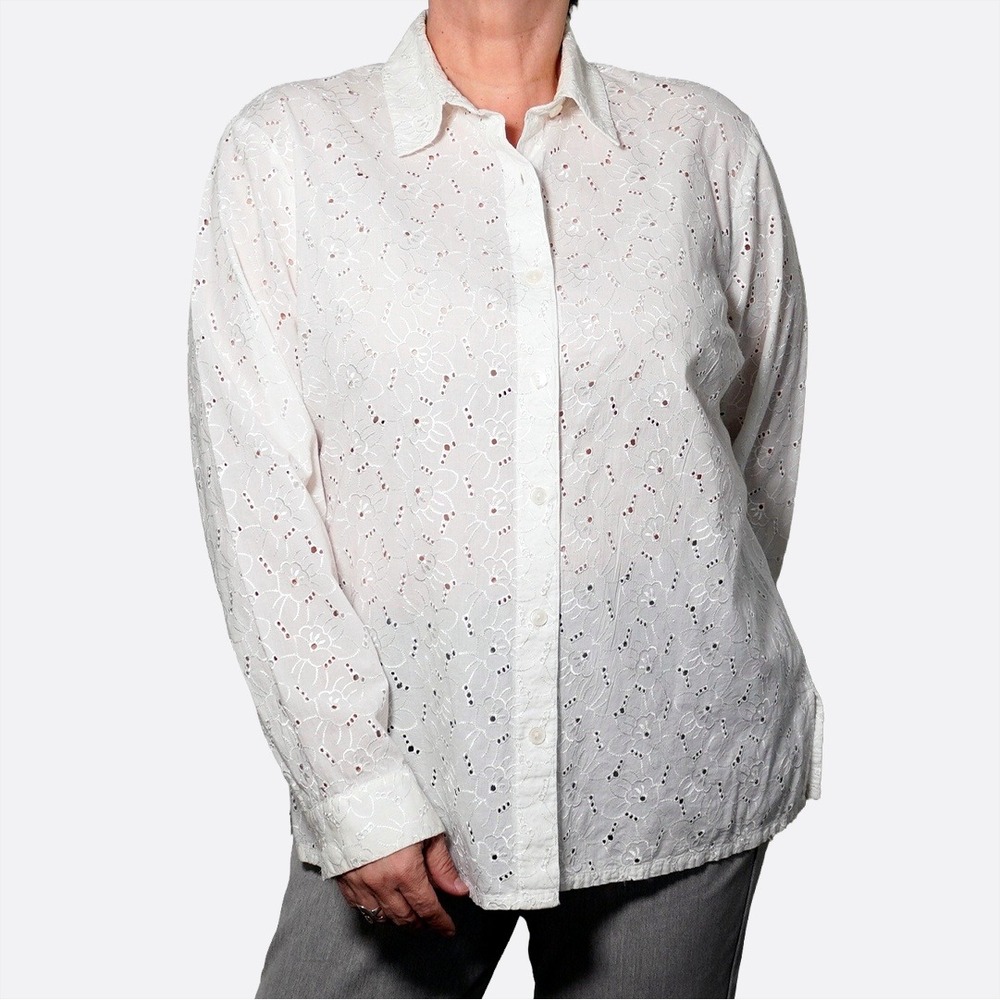 Romantic White 100% Cotton Eyelet Button-Down Top Feminine Luxe Plus Size 2X XXL